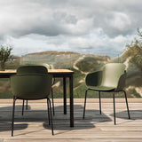 Patio Chair no. One S2 in olive with black steel frame, outdoor dining chair with recycled plastic seat.