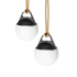 Zwei runde weiße SACKit Light 150 Outdoor-Lampen mit Hanfseilgriff und kabellosem Ladegerät