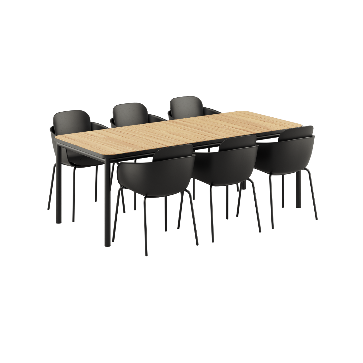 Kirra Dining Table 210x90 mit sechs Patio Chair no. One S2 in Noir/Noir, Aluminium und Teakholz. | Kirra Dining Table Noir & 6 Patio Chair no. One - Patio Chair no. One S2 Noir/ Noir | SACKit