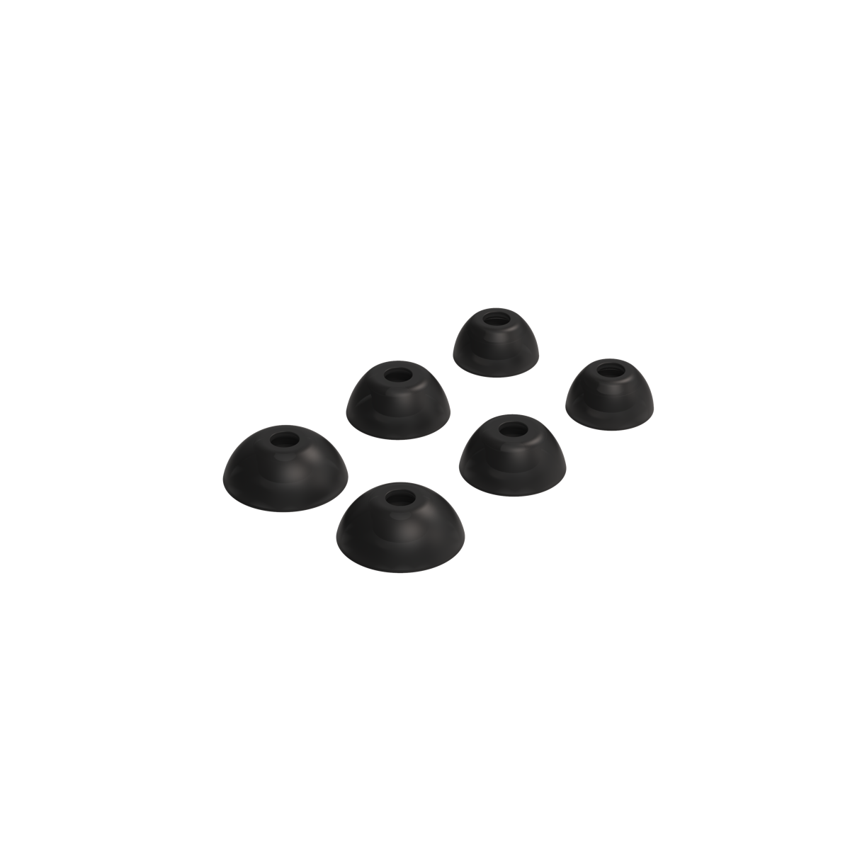 Set aus drei schwarzen Onyx Eartips aus Silikon für ROCKit X Ohrhörer in klein, mittel und groß.