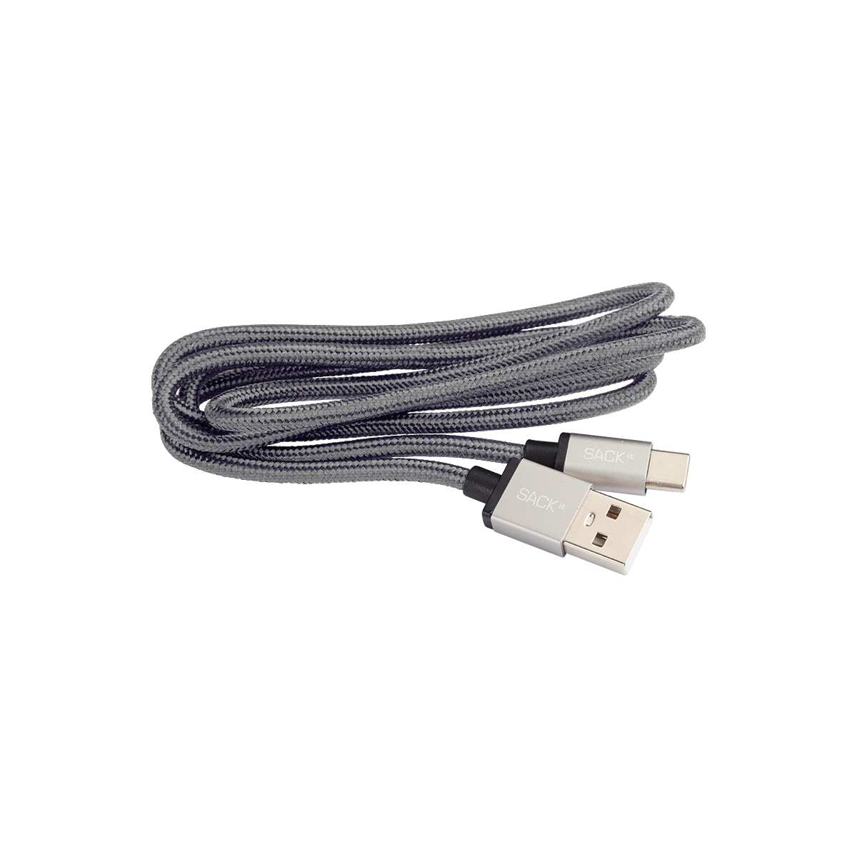 Graues USB-C-Ladekabel mit Stoffummantelung, 1 Meter lang, ohne weiteres Zubehör.