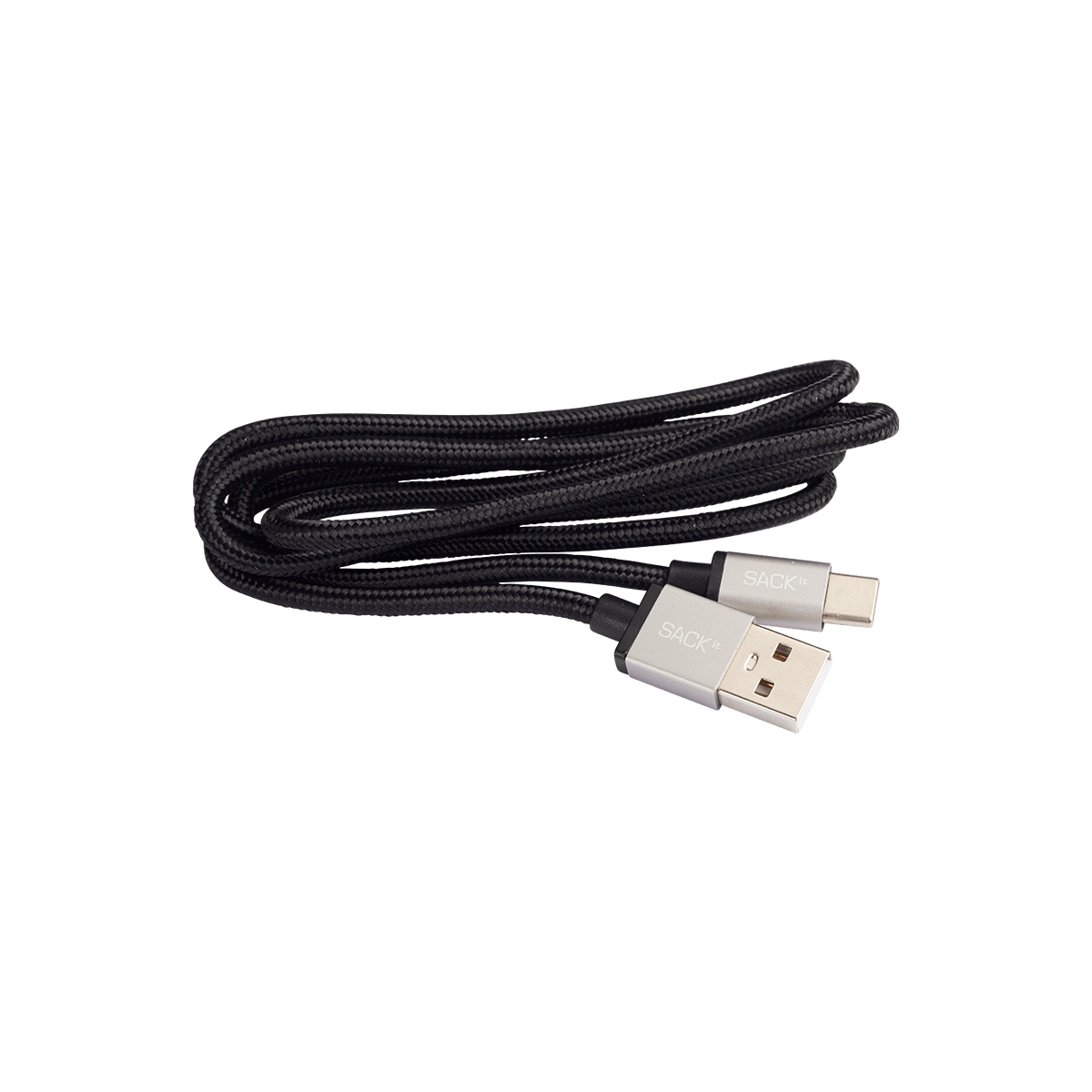 Schwarzes USB-C-Ladekabel mit Stoffummantelung, 1 Meter lang, flach liegend.