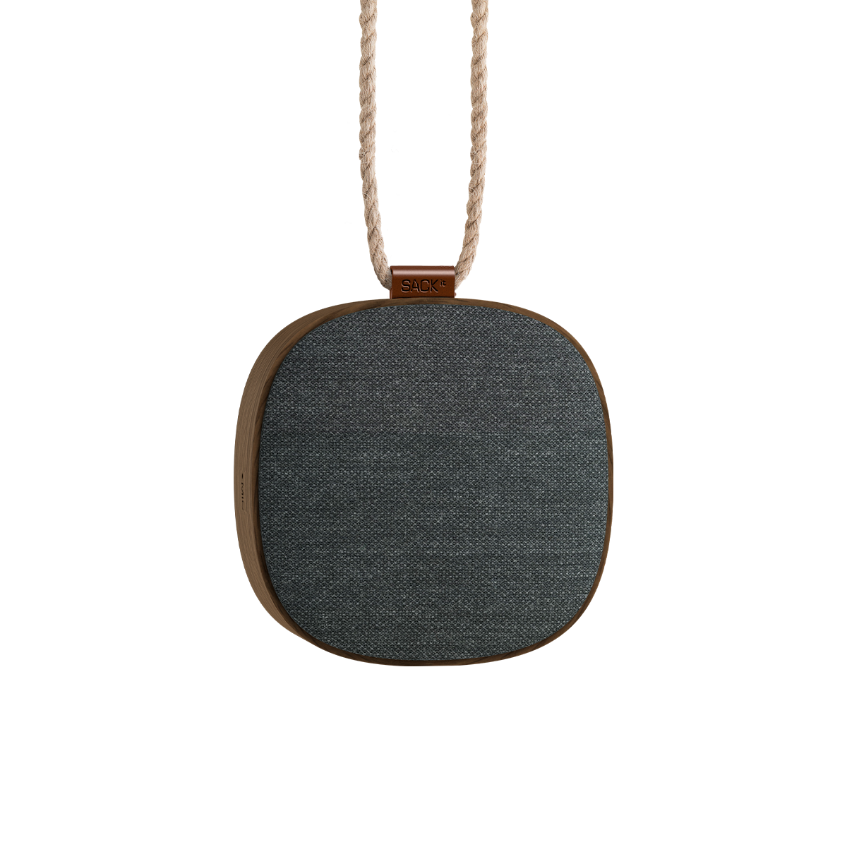 Kompakter Go Wood Lautsprecher mit Rahmen aus geräuchertem Eichenholz und grauer KVADRAT Textilbespannung. | Go Wood - Smoked Oak | SACKit