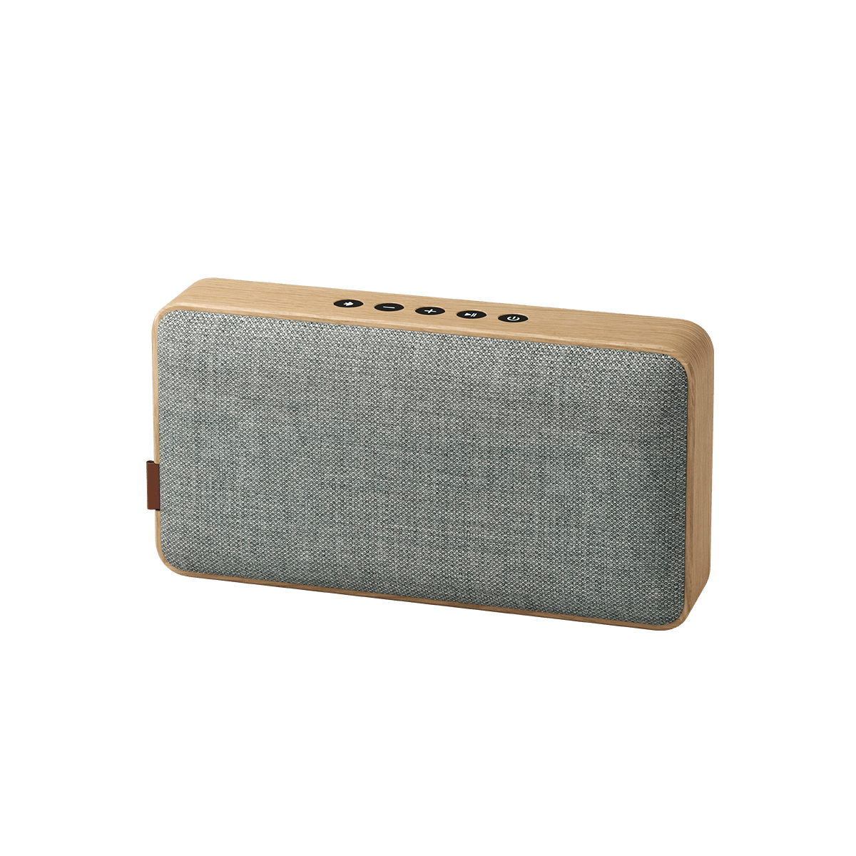 Bluetooth-Lautsprecher Move Wood mit Rahmen aus naturfarbenem Eichenholz und grauer KVADRAT-Stoffbespannung