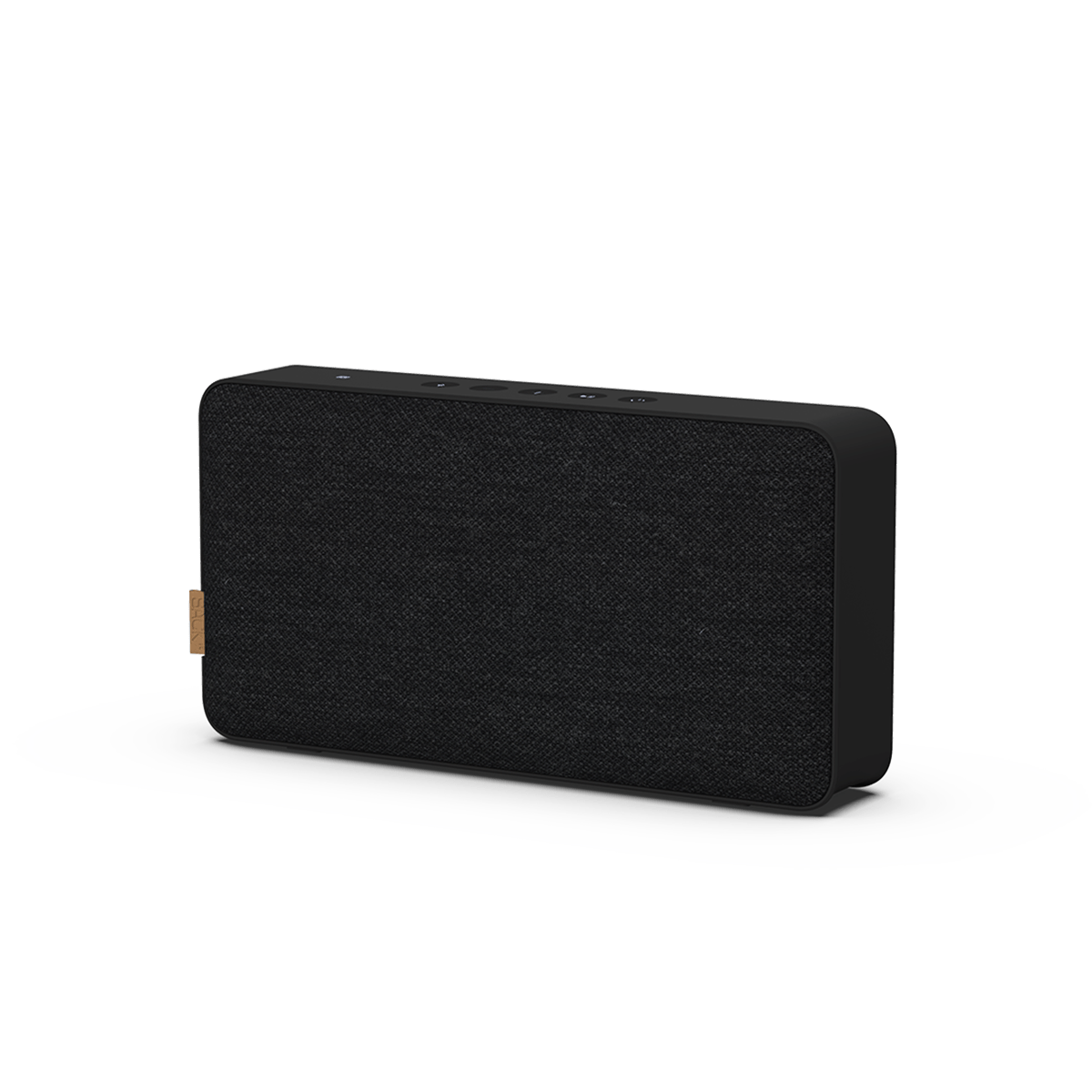 Schwarzer Move 150 Bluetooth Lautsprecher mit Fiord Stoff und Lederdetails, rechteckig und tragbar.