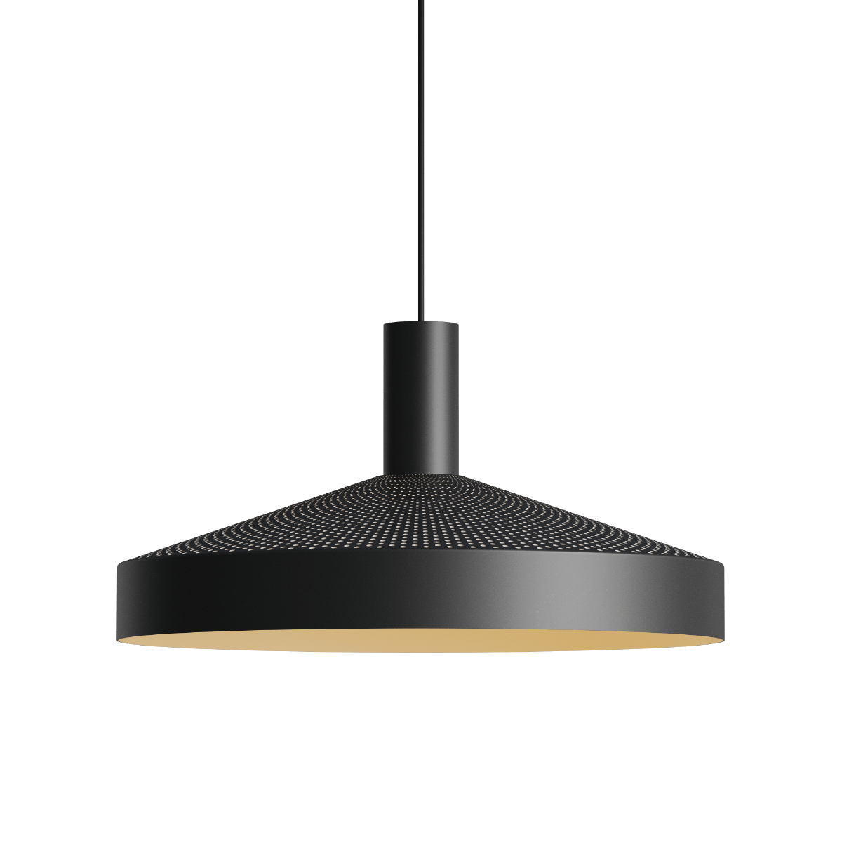 Schwarze Dawn Pendant Ø40 Hängeleuchte aus Aluminium mit perforiertem Design und weißem Innenschirm.