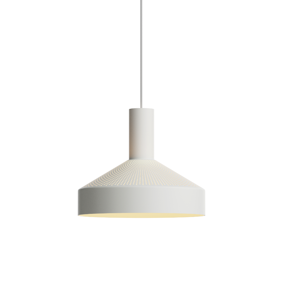 Runde Dawn Pendant Hängeleuchte in Weiß mit perforiertem Aluminium und weiß lackiertem Innenschirm. | Dawn Pendant Ø25 - White | SACKit