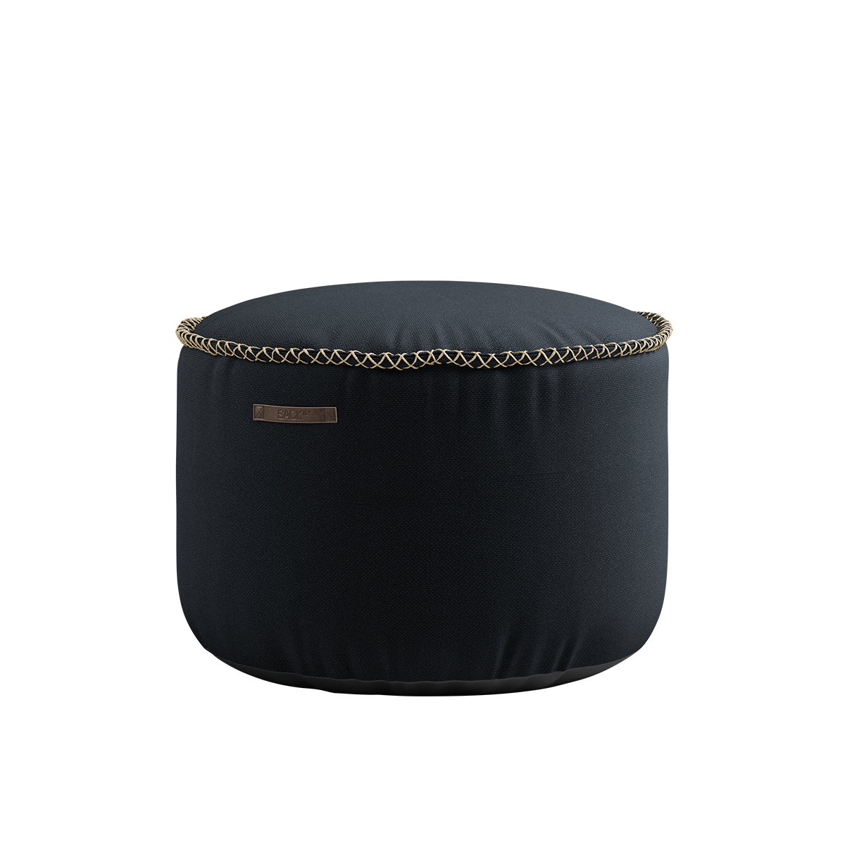 Runder Cura Pouf in schwarzem Cura Polsterstoff mit handgenähten Leinenstichen, 50x35 cm. | Cura Pouf - Cura Black | SACKit