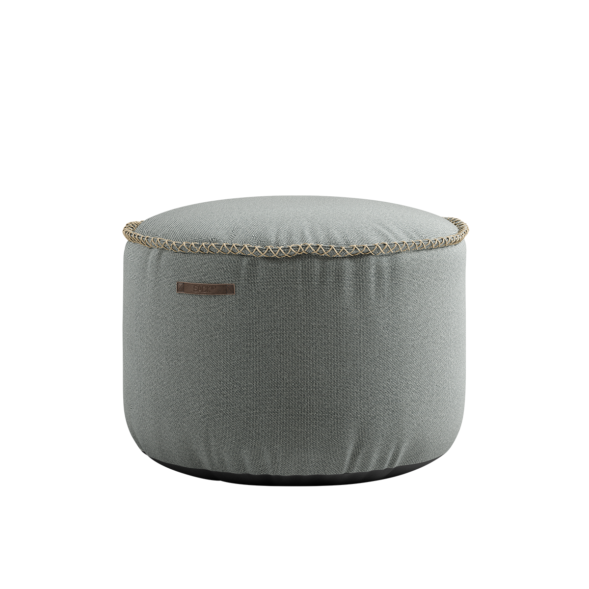 Runder Cura Pouf in Grau aus recyceltem Polyester mit handgenähten Leinenstichen. | Cura Pouf - Cura Grey | SACKit