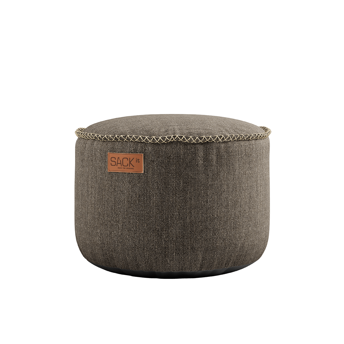 Runder Cobana Pouf in braunem, scheuerbeständigem Outdoor-Stoff mit handgenähten Details.