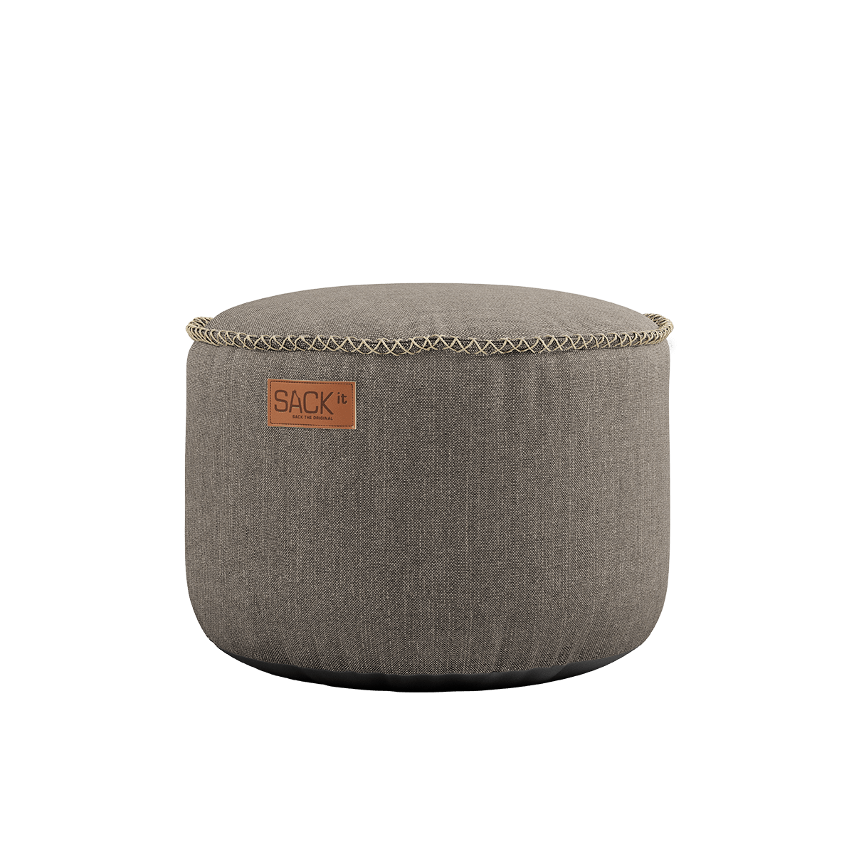 Runder Cobana Pouf in taupefarbenem, wasserabweisendem Polsterstoff, 50 x 35 cm.