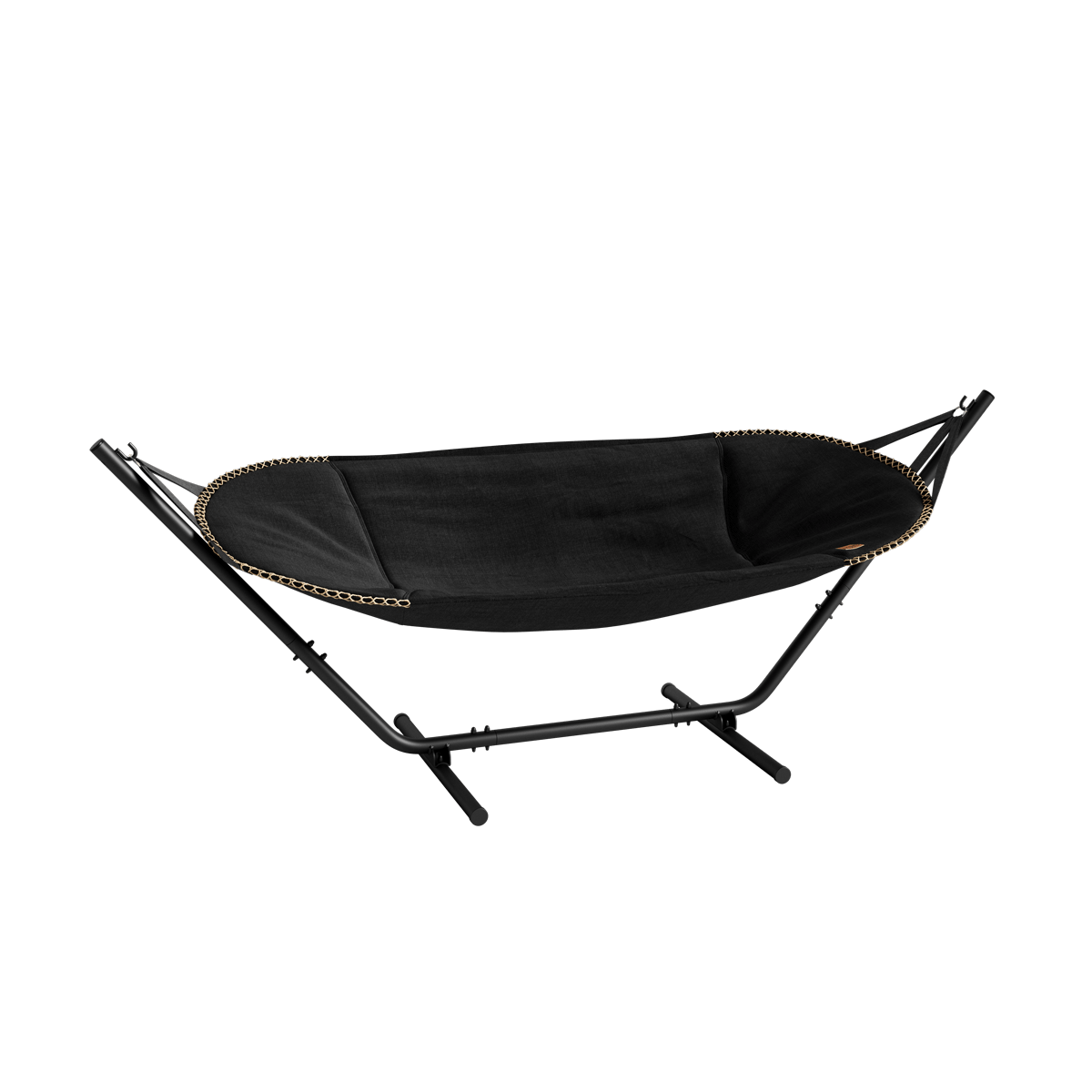 Cobana Hammock mit schwarzem Aluminiumgestell und schwarzem Cobana Stoff, moderne Hängematte und Sonnensessel.