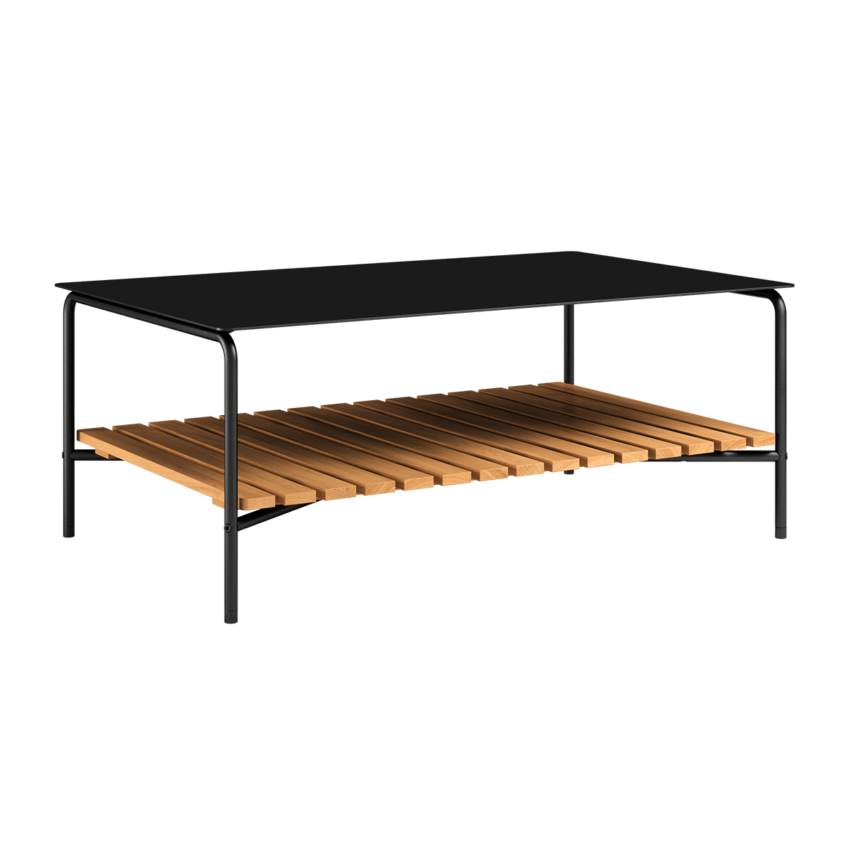 Patio Sofa Table mit schwarzem pulverbeschichtetem Aluminiumgestell und Teakholzablage, 113x70 cm | Patio Sofa Table - 113x70 - Ohne Accessory Fit | SACKit