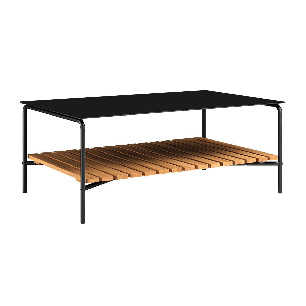 Patio Sofa Table mit schwarzem pulverbeschichtetem Aluminiumgestell und Teakholzablage, 113x70 cm | Patio Sofa Table - 113x70 - Ohne Accessory Fit | SACKit