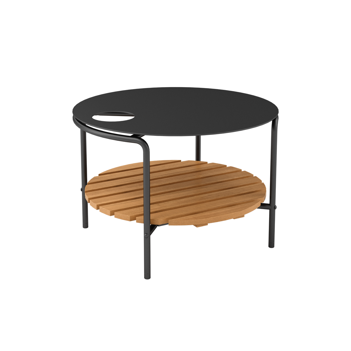 Rundes Patio Sofa Table mit schwarzem Aluminiumgestell und Teakholzablage, 70 cm Durchmesser | Patio Sofa Table - Ø70 - Ohne Accessory Fit | SACKit