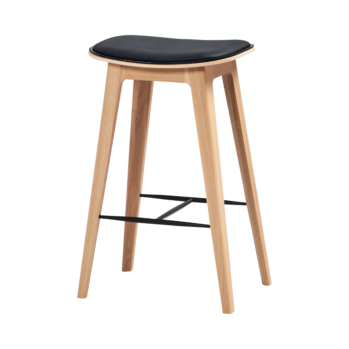 Nordic Barhocker aus Eiche mit schwarzem Terra - Leder und Steppnähten, 73 cm hoch. | Nordic Bar Stool - Oak with stitches - 73 cm Terra Black | SACKit