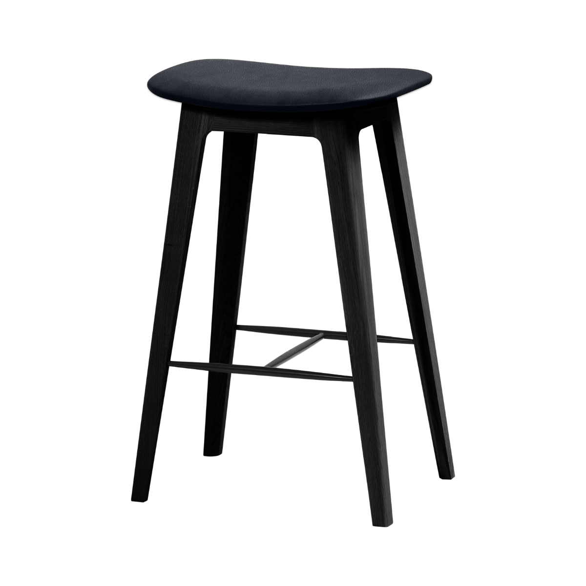 Nordic Bar Stool in Terra Black Leder mit schwarzem, gebeiztem Eichenholz und Fußstütze aus Stahl, 68 cm hoch