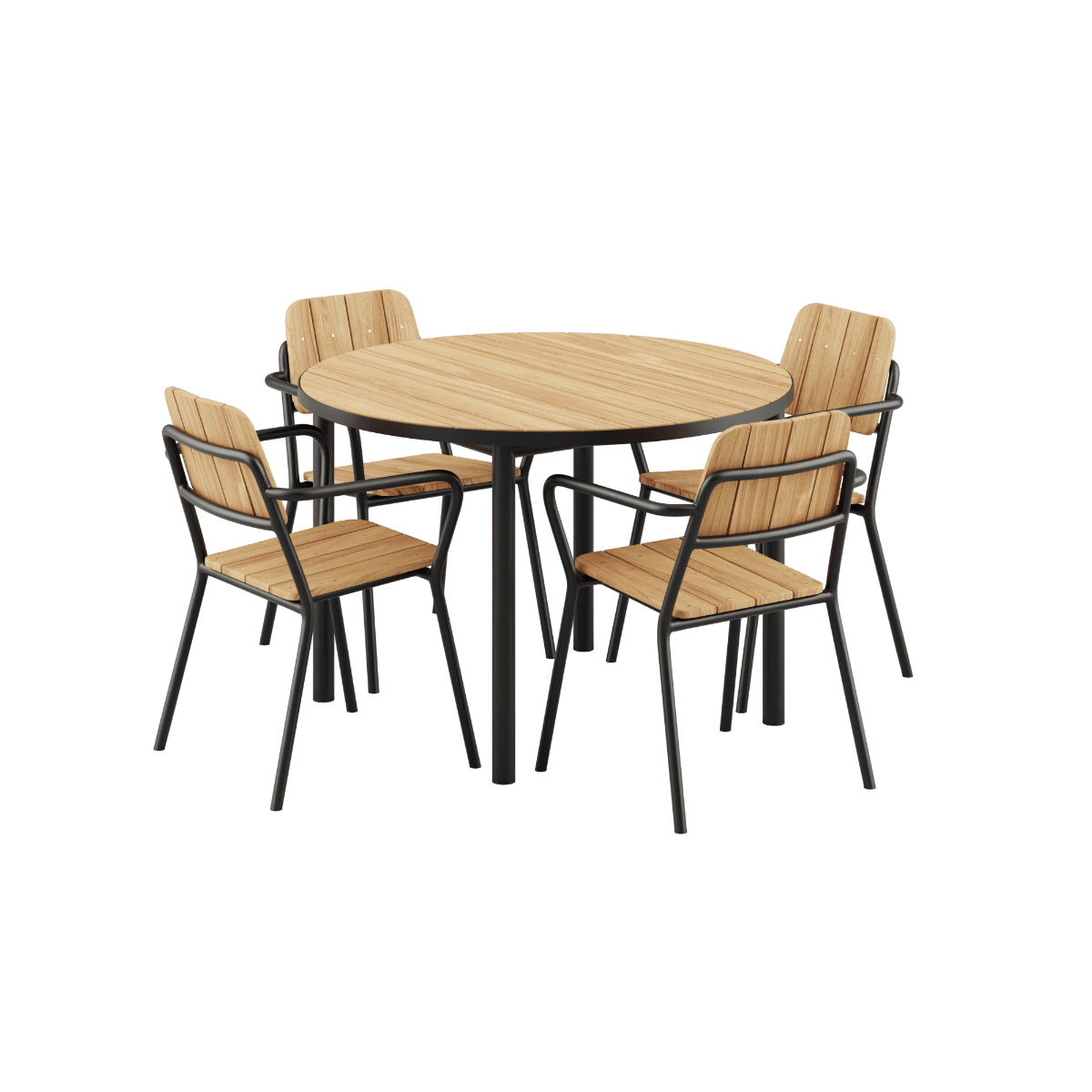 Kirra Dining Table Ø110 mit schwarzem Keramik - Tischplatte und 4 schwarzen Kirra Patio Stühlen aus Aluminium und Teakholz. | Kirra Dining Table Ø110 & 4 Kirra Patio Chair - Noir | SACKit