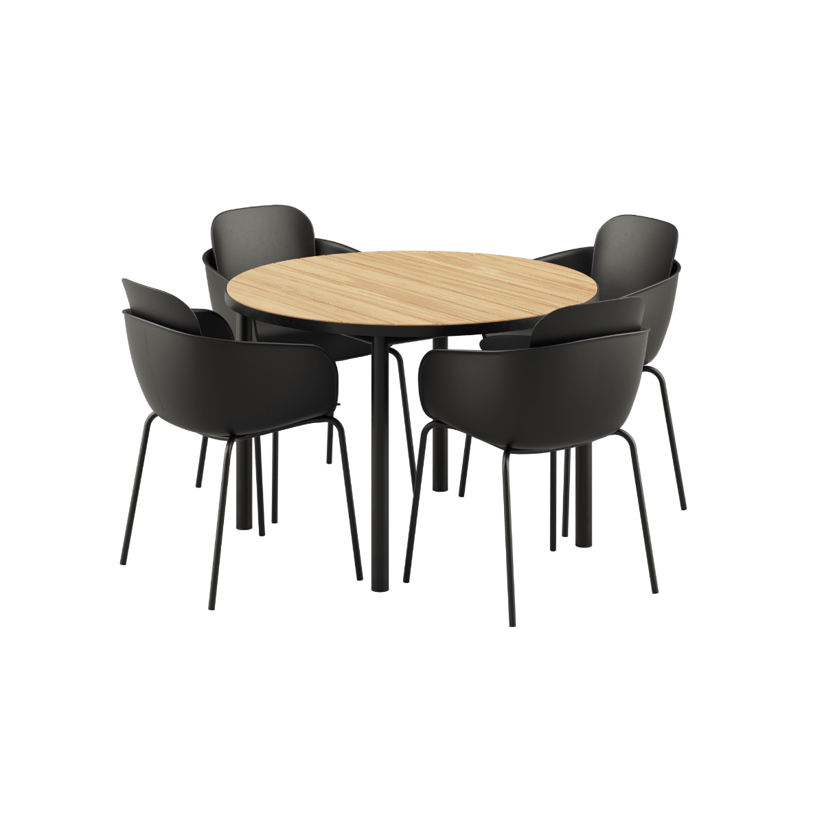 Runder Kirra Dining Table Noir mit vier schwarzen Patio Chair no. One S2 Stühlen im Außenbereich | Kirra Dining Table Ø110 Noir & 4 Patio Chair No. One - Patio Chair no. One S1 Olive/ Noir | SACKit