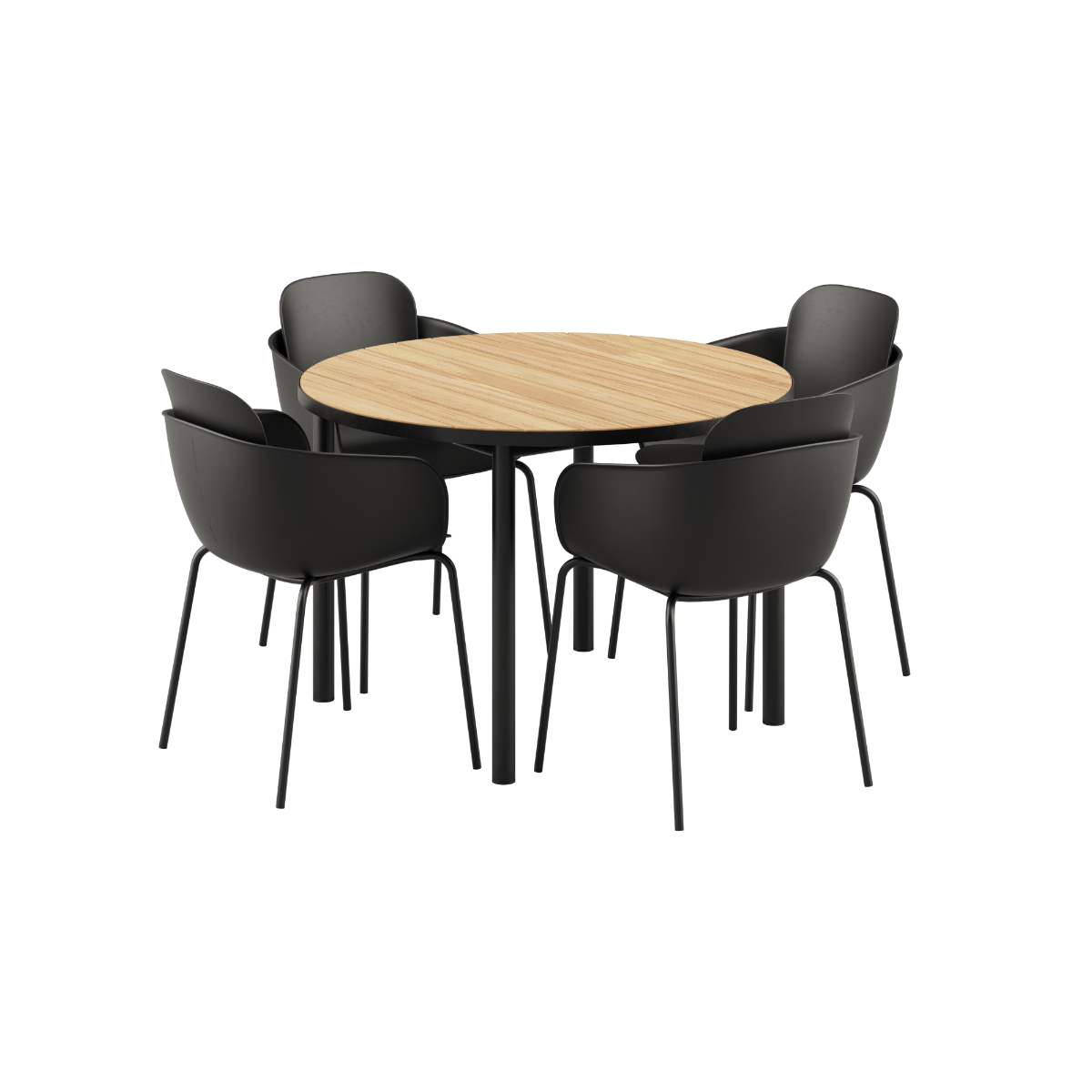 Runder Kirra Dining Table Noir mit vier schwarzen Patio Chair no. One S2 Stühlen im Außenbereich | Kirra Dining Table Ø110 Noir & 4 Patio Chair No. One - Patio Chair no. One S1 Olive/ Noir | SACKit