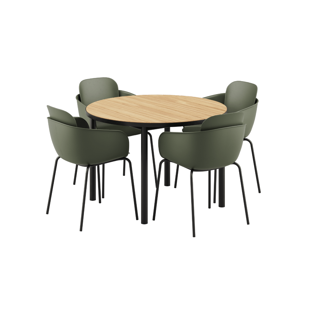 Runder Kirra Dining Table Noir mit 4 Patio Chair no. One S2 Stühlen in Olive und Noir Außenmöbel - Set | Kirra Dining Table Ø110 Noir & 4 Patio Chair No. One - Patio Chair no. One S2 Olive/ Noir | SACKit