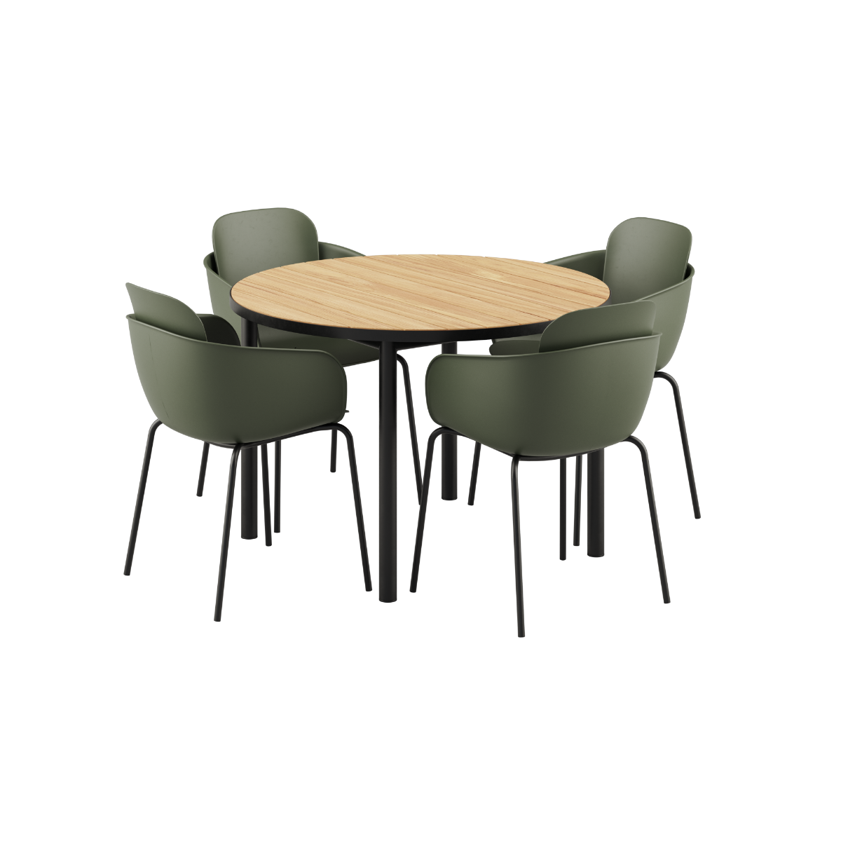 Runder Kirra Dining Table Noir mit 4 Patio Chair no. One S2 Stühlen in Olive und Noir Außenmöbel - Set | Kirra Dining Table Ø110 Noir & 4 Patio Chair No. One - Patio Chair no. One S2 Olive/ Noir | SACKit