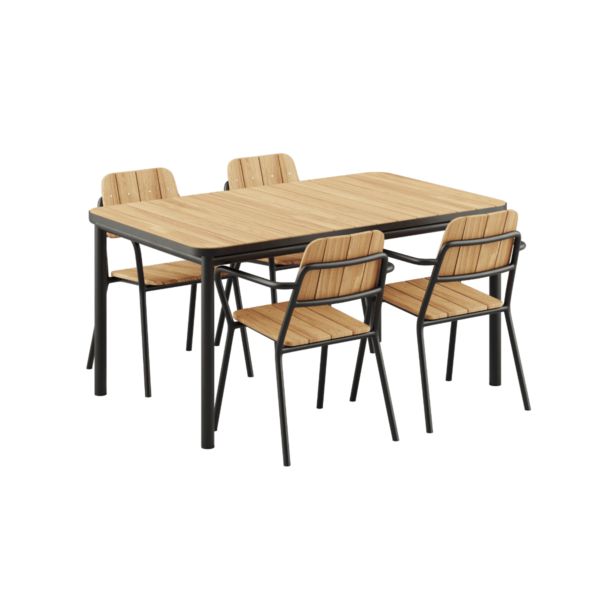 Schwarzes Kirra Dining Table 150x90 Set mit Kirra Chairs in Noir, Outdoor - Esstisch und Stühle aus Aluminium und Teakholz. | Kirra Dining Table & 4 Kirra Patio Chair - Noir | SACKit