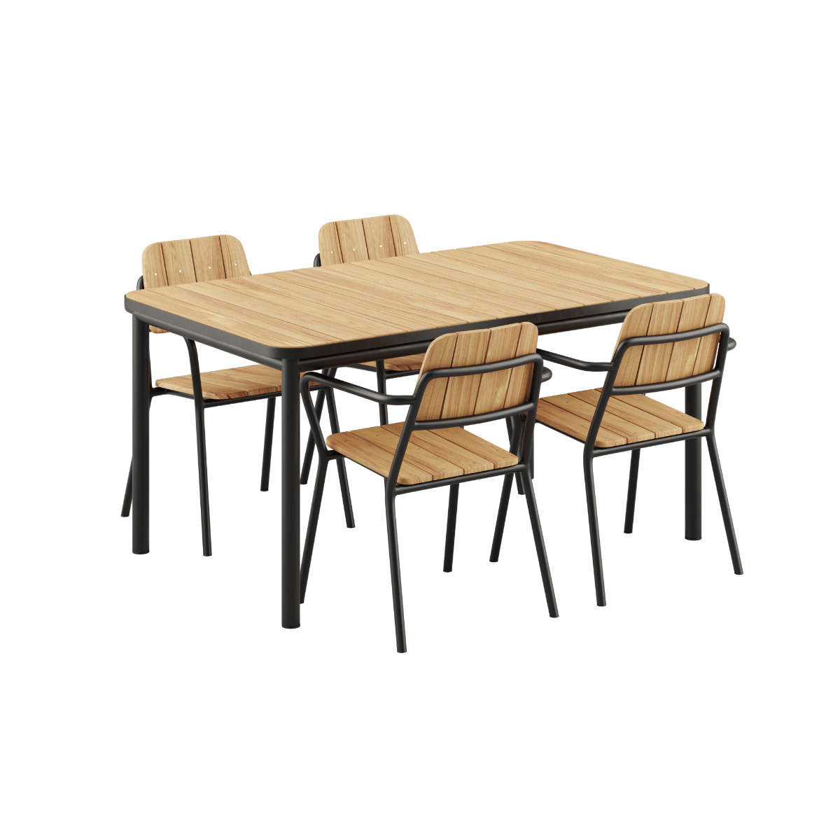 Schwarzes Kirra Dining Table 150x90 Set mit Kirra Chairs in Noir, Outdoor - Esstisch und Stühle aus Aluminium und Teakholz. | Kirra Dining Table & 4 Kirra Patio Chair - Noir | SACKit
