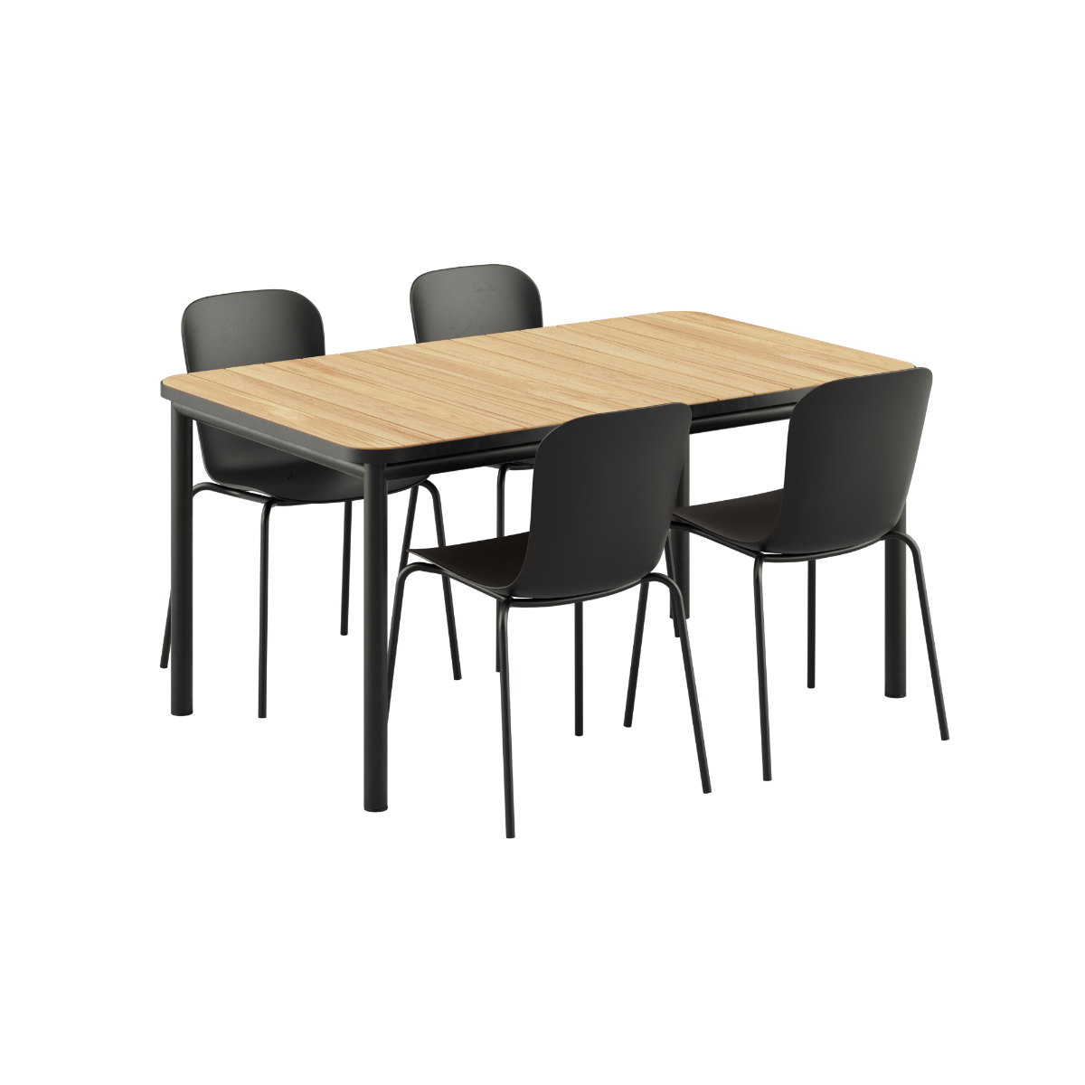 Kirra Dining Table 150x90 mit vier schwarzen Patio Chair no. One S1 Stühlen aus Aluminium und Teakholz | Kirra Dining Table Noir & 4 Patio Chair no. One - Patio Chair no. One S2 Olive/ Noir | SACKit