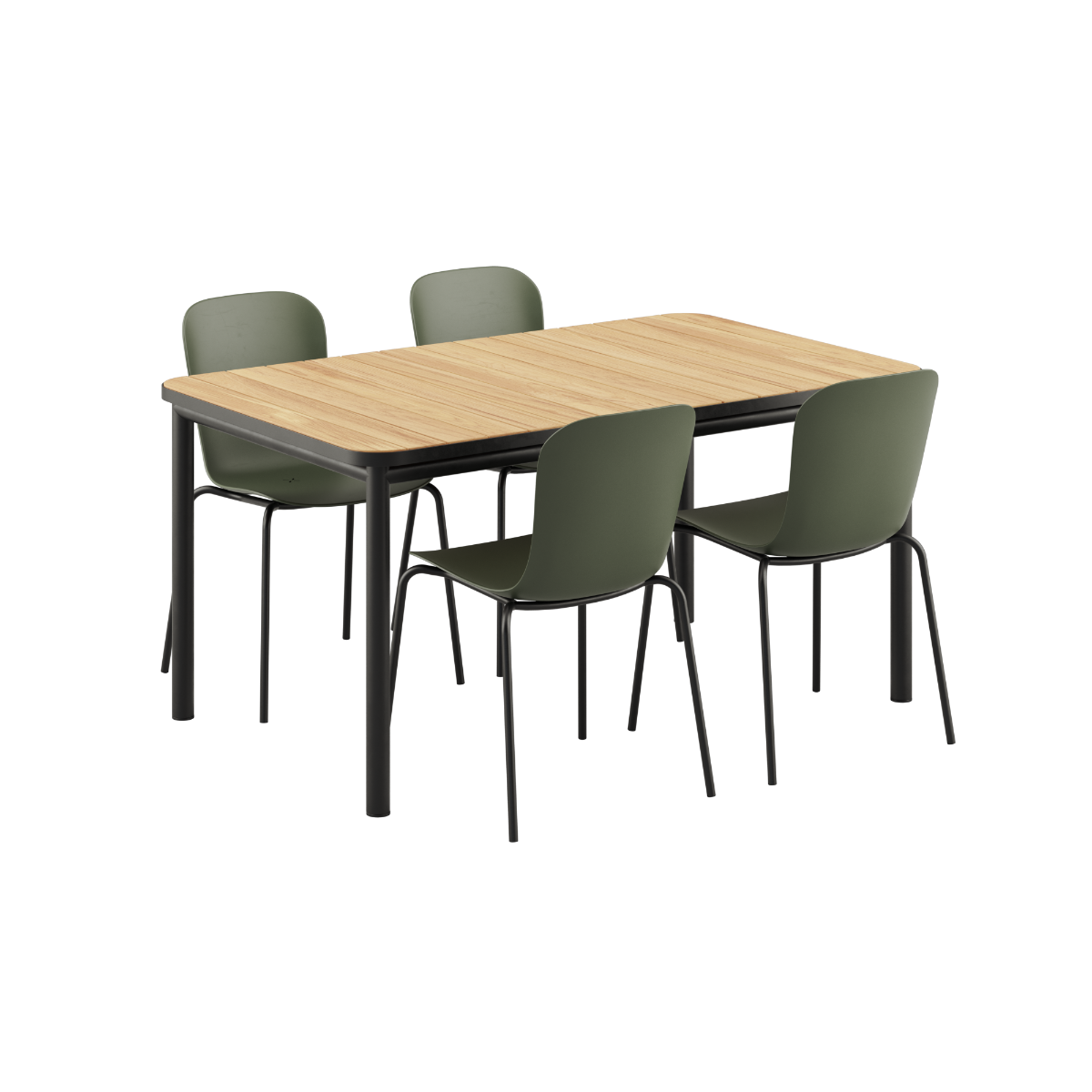Schwarzer Kirra Dining Table 150x90 mit vier schwarzen Patio Chair no. One S1 Stühlen aus Aluminium und Teakholz. | Kirra Dining Table Noir & 4 Patio Chair no. One - Patio Chair no. One S2 Olive/ Noir | SACKit