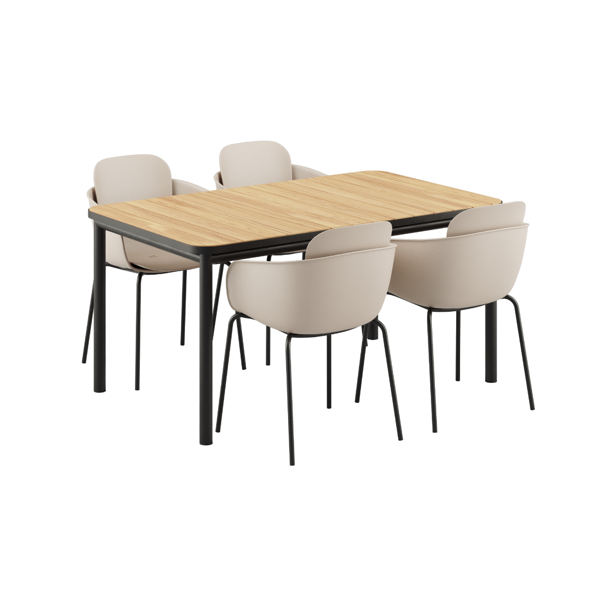 Noir Kirra Dining Table 150x90 with four Noir Patio Chair no. One S1 chairs in matching color. | Kirra Dining Table Noir & 4 Patio Chair no. One - Patio Chair no. One S2 Olive/ Noir | SACKit