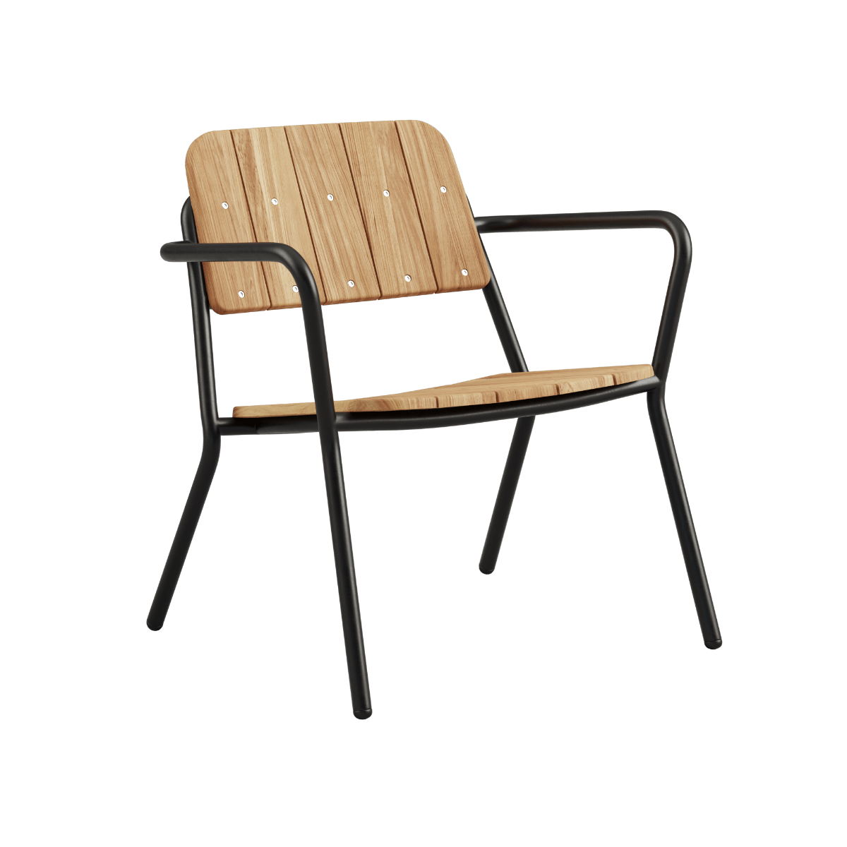 Kirra Patio Lounge Chair in schwarzem pulverbeschichtetem Aluminium mit Teakholz - Details, niedrige Sitzposition. | Kirra Patio Lounge Chair - Noir | SACKit
