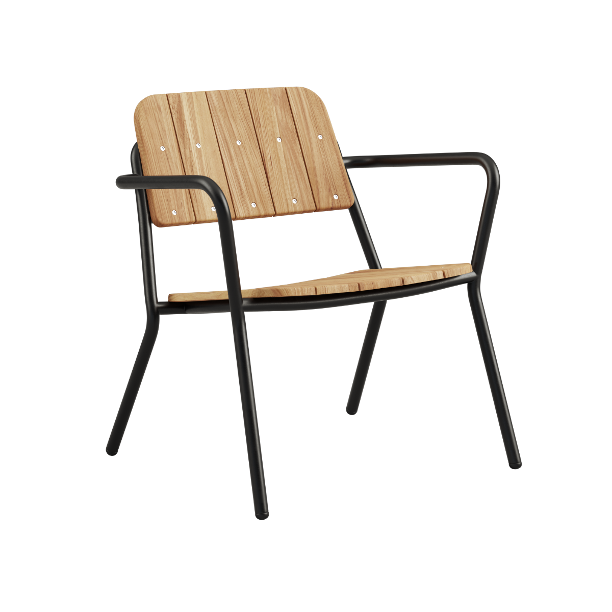 Kirra Patio Lounge Chair in schwarzem pulverbeschichtetem Aluminium mit Teakholz - Details, niedrige Sitzposition. | Kirra Patio Lounge Chair - Noir | SACKit