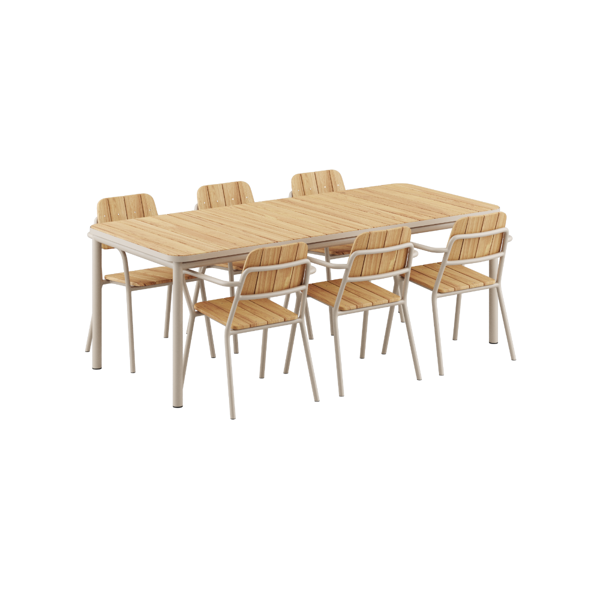 Taupe Kirra Dining Table 210x90 with six matching Kirra Patio Chairs in outdoor setting | Kirra Dining Table & 6 Kirra Patio Chair - Taupe | SACKit