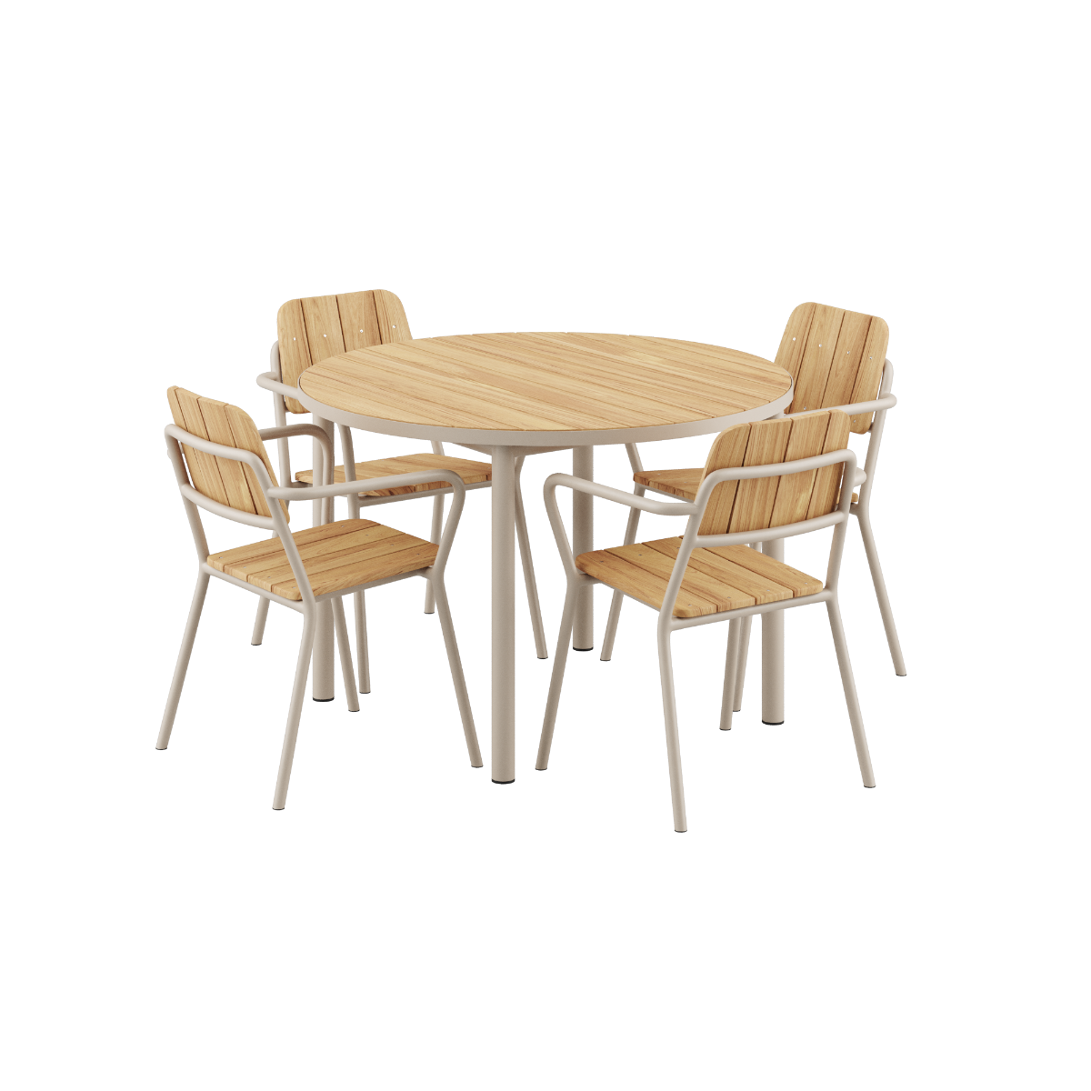 Kirra Dining Table Ø110 und 4 Kirra Patio Chairs in taupe, rundes Outdoor - Set aus Aluminium und Teakholz. | Kirra Dining Table Ø110 & 4 Kirra Patio Chair - Taupe | SACKit