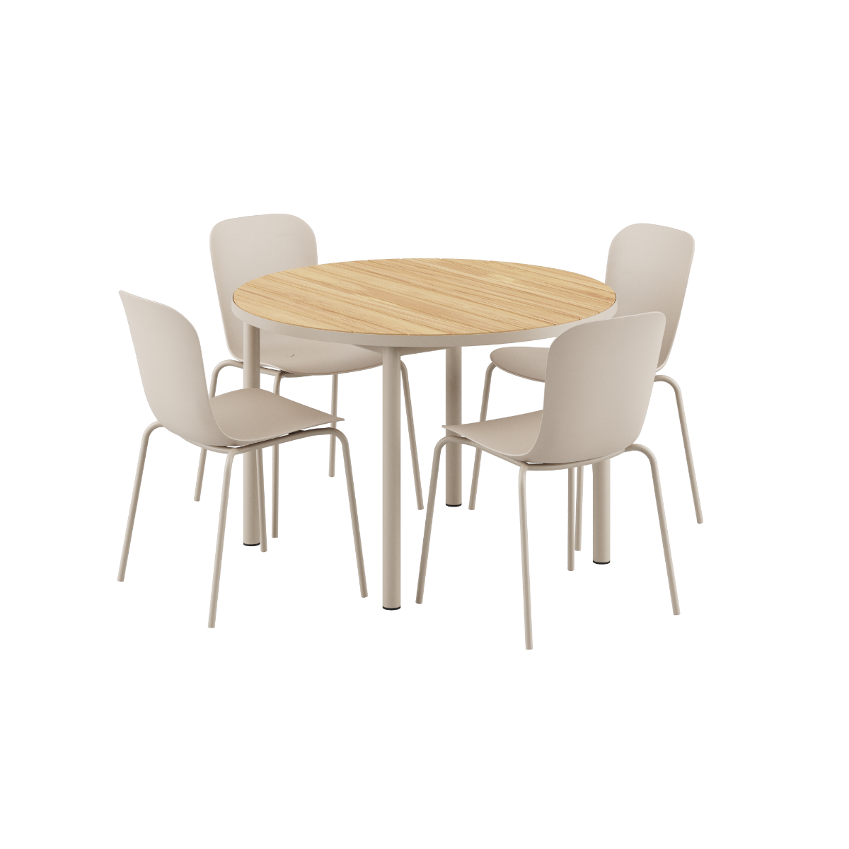 Runder Kirra Dining Table Ø110 in Taupe mit 4 Patio Chair No. One S1 Stühlen im Außenbereich | Kirra Dining Table Ø110 Taupe & 4 Patio Chair No. One - Patio Chair no. One S1 | SACKit