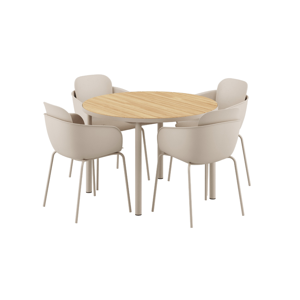 Runder Kirra Dining Table Ø110 in Taupe mit 4 Patio Chair No. One S2 Stühlen in Taupe. | Kirra Dining Table Ø110 Taupe & 4 Patio Chair No. One - Patio Chair no. One S2 | SACKit