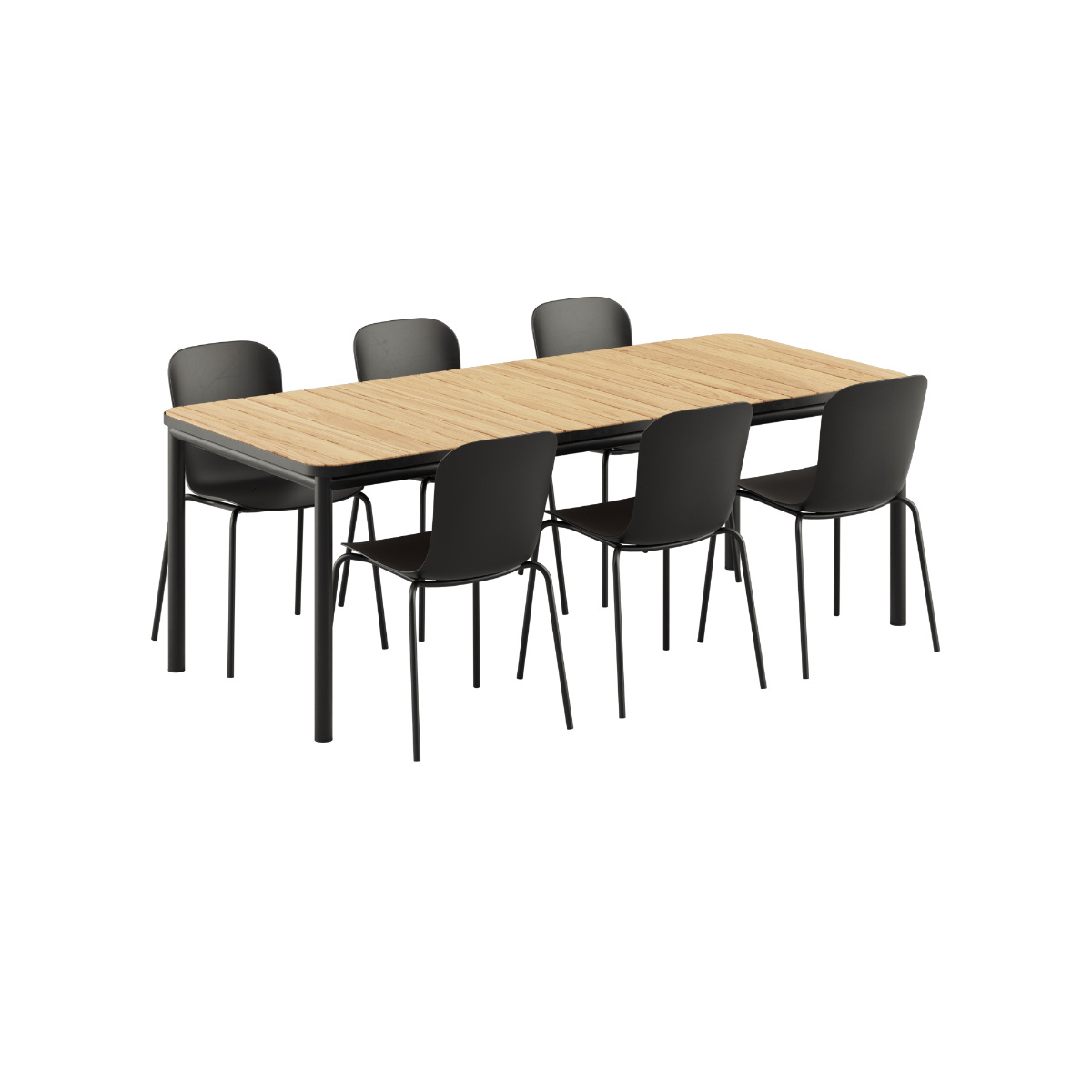 Kirra Dining Table 210x90 mit schwarzem Patio Chair no. One S1 in Noir/Noir, Outdoor - Set aus Aluminium und Teakholz | Kirra Dining Table Noir & 6 Patio Chair no. One - Patio Chair no. One S1 Noir/ Noir | SACKit