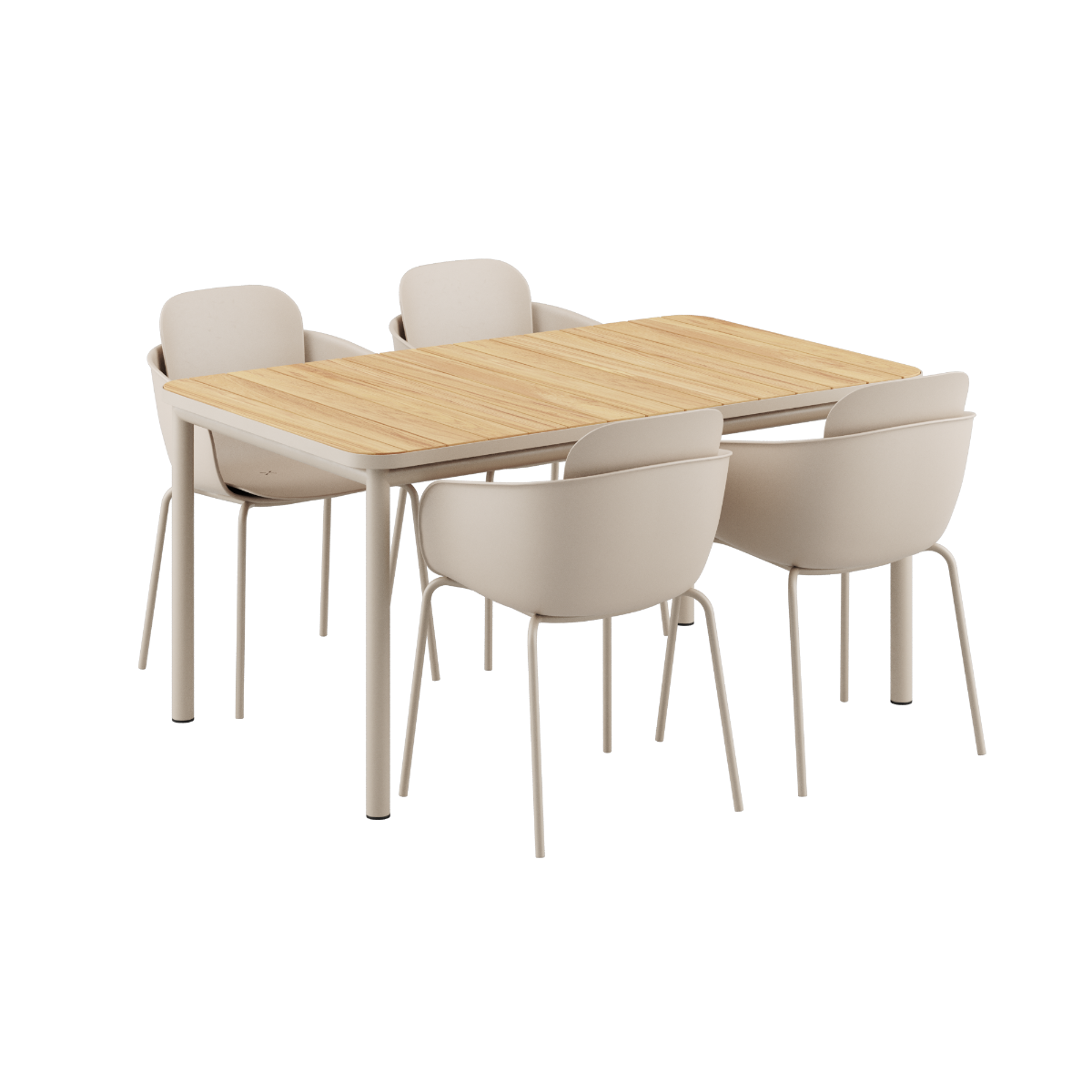 Kirra Dining Table 150x90 mit vier taupefarbenen Patio Chair no. One S2 Stühlen aus Aluminium und Teakholz. | Kirra Dining Table Taupe & 4 Patio Chair no. One - Patio Chair no. One S2 | SACKit
