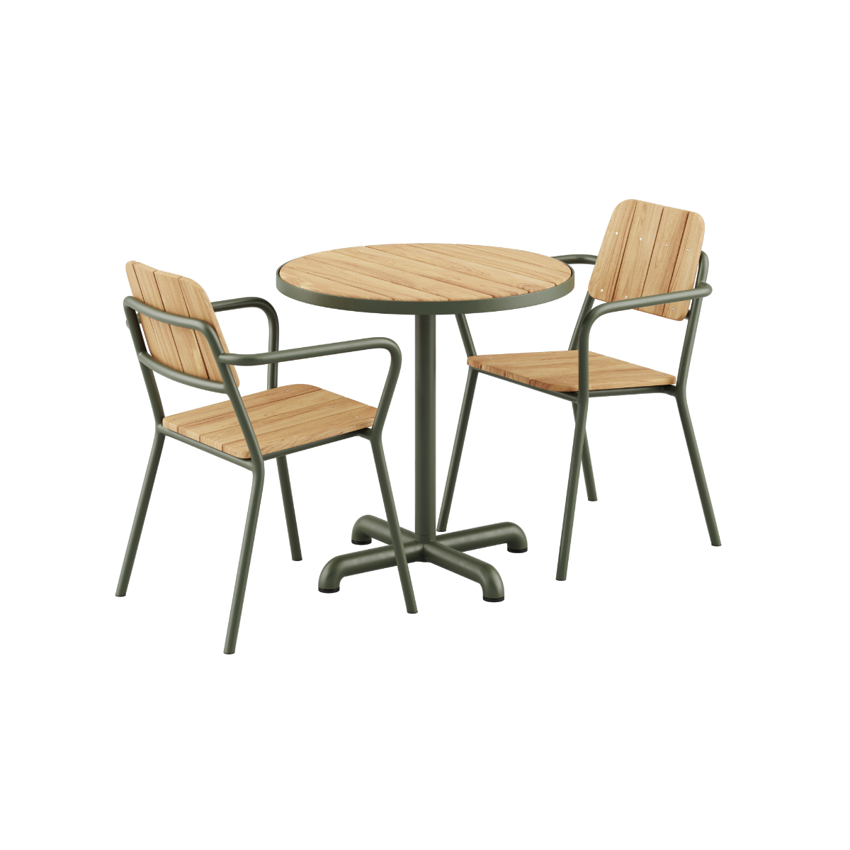 Kirra Café Table und 2 Kirra Patio Chairs in Olive aus Aluminium und FSC - zertifiziertem Teakholz. | Kirra Cafe Table & 2 Kirra Patio Chair - Olive | SACKit