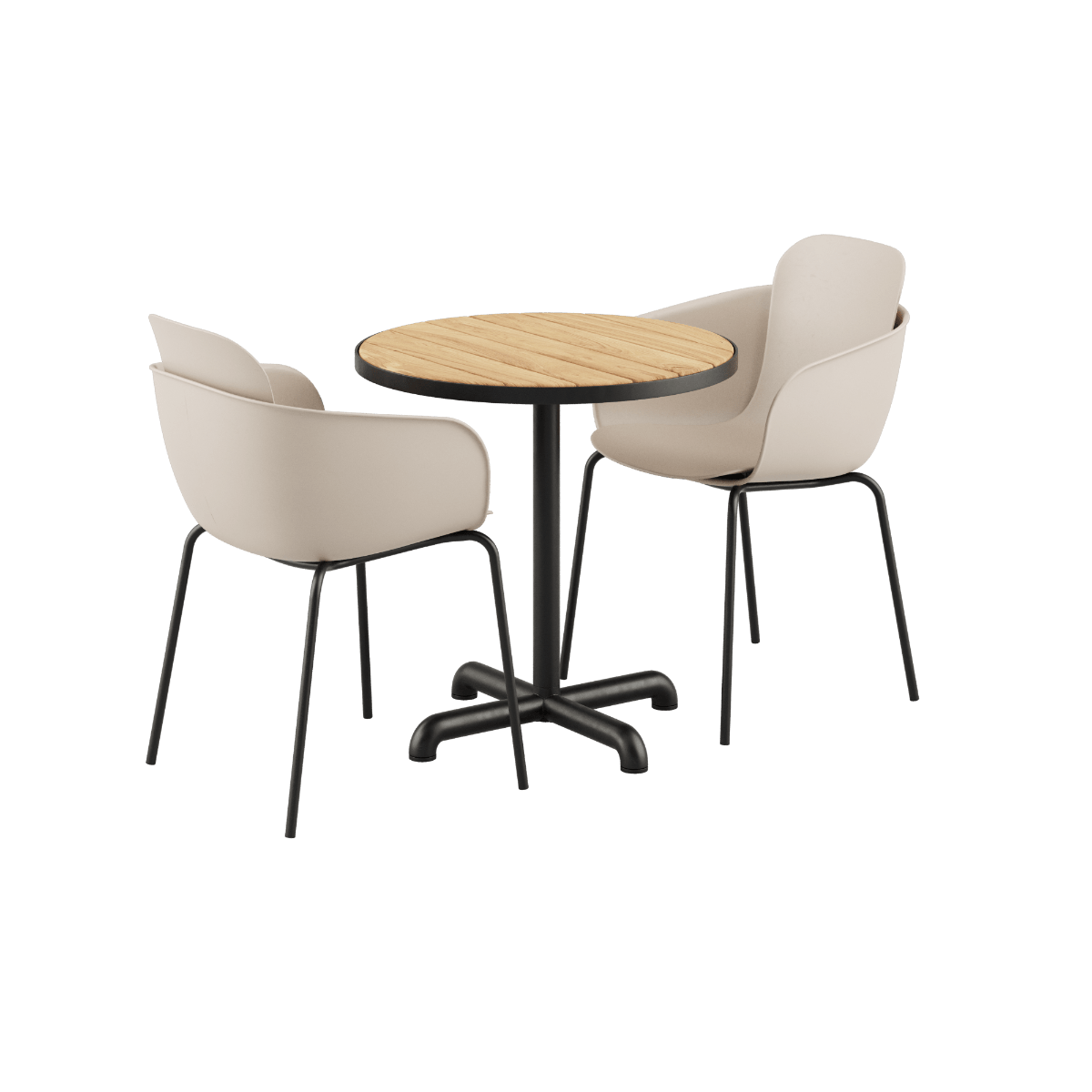 Runder Kirra Café Tisch aus Teak mit zwei taupe - schwarzen Patio Chair no. One S2 Stühlen aus Polypropylen und Stahl | Kirra Cafe Table Noir & 2 Patio Chair No. One - Patio Chair no. One S2 Taupe/ Noir | SACKit