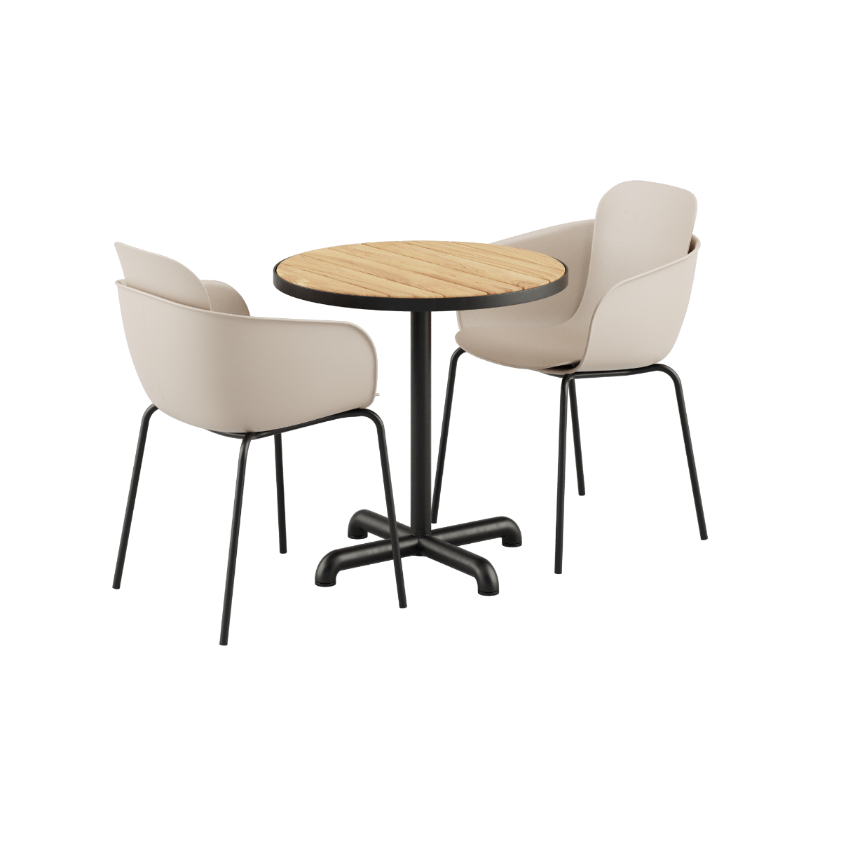 Runder Kirra Café Tisch aus Teak mit zwei taupe - schwarzen Patio Chair no. One S2 Stühlen aus Polypropylen und Stahl | Kirra Cafe Table Noir & 2 Patio Chair No. One - Patio Chair no. One S2 Taupe/ Noir | SACKit