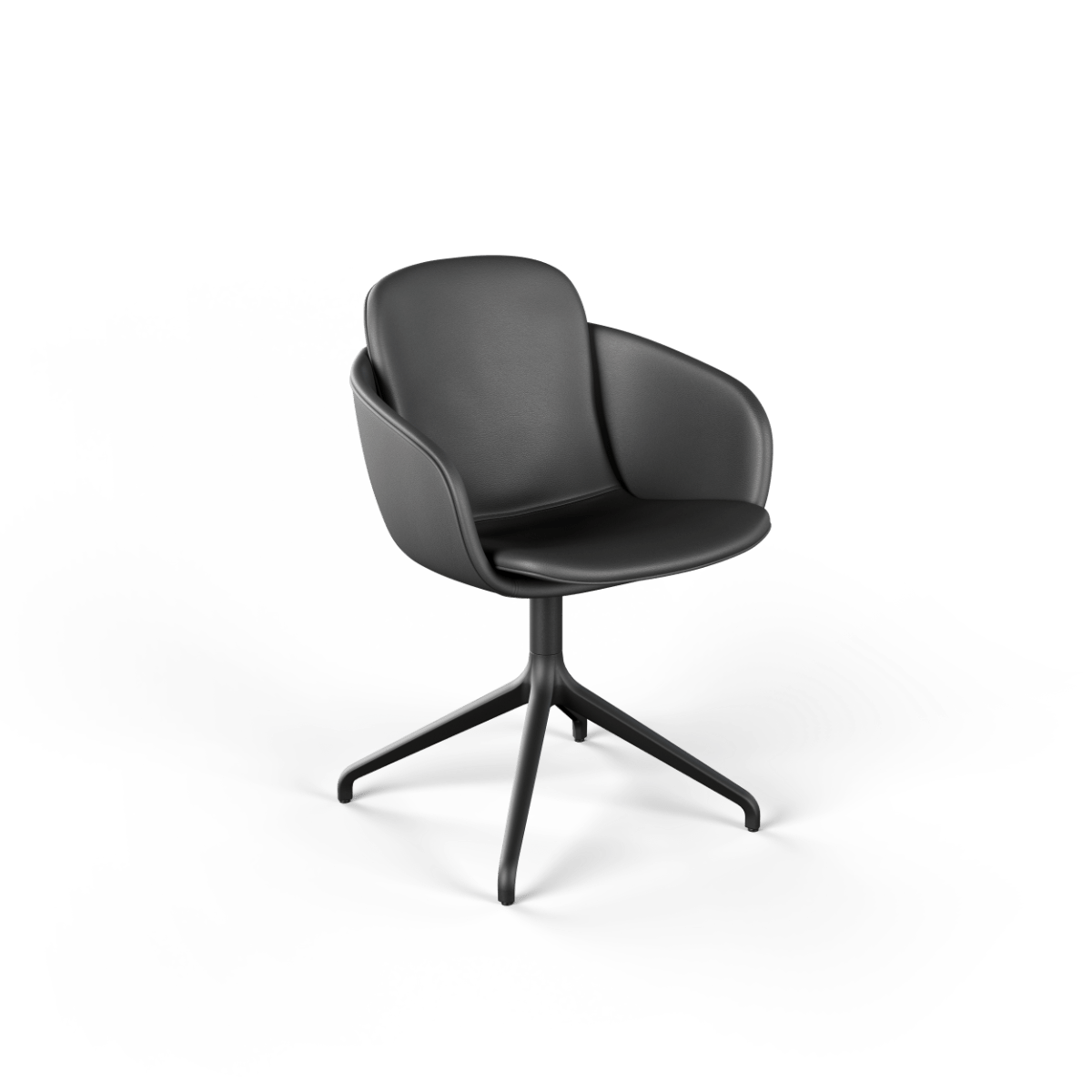 Schwarzer Chair no. One S2 Esszimmerstuhl mit Aluminium-Drehfuß und Rückholfunktion, gepolstert mit SPOOR-Leder.