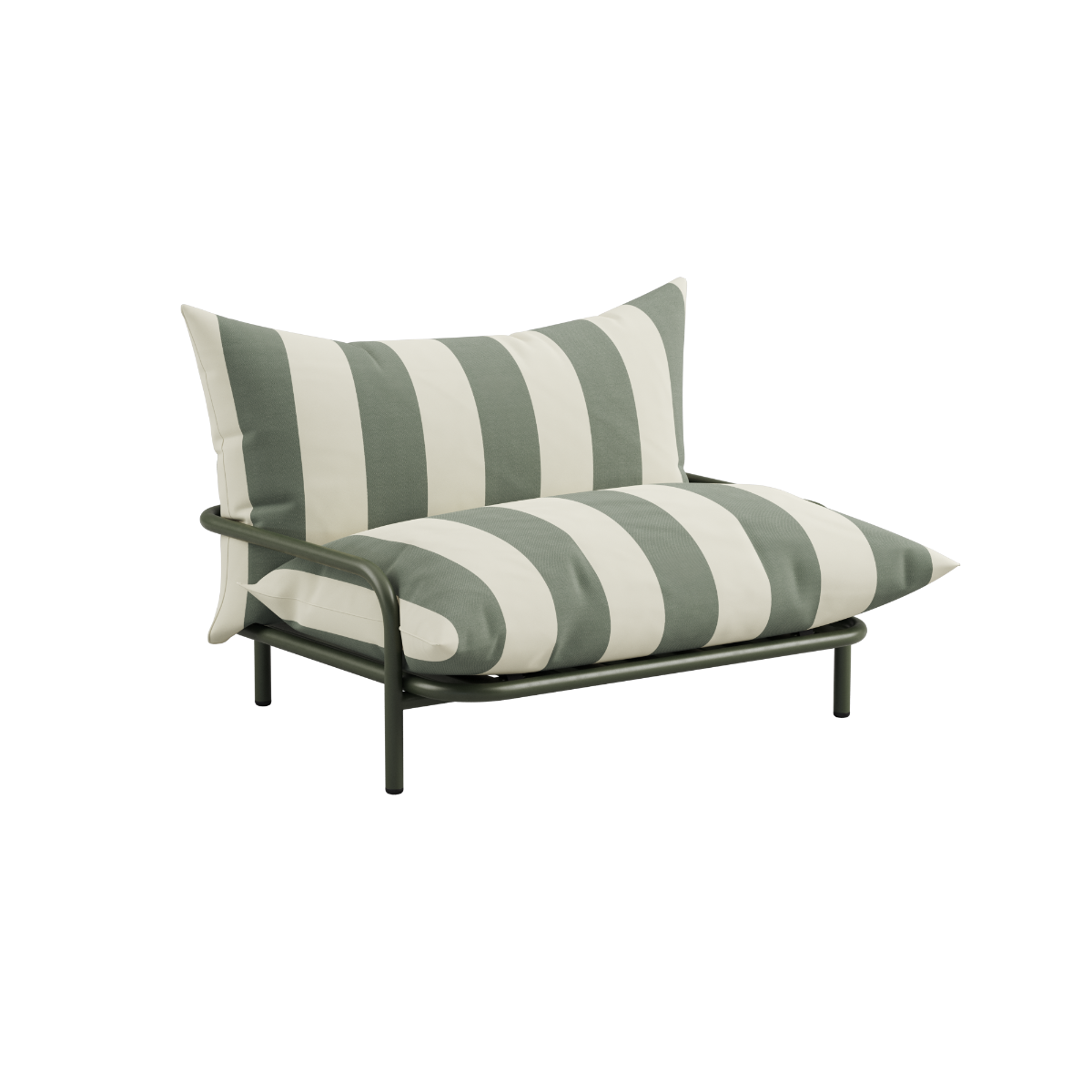 Gestreiftes Outdoor Loungesofa von sackit mit cremegrünen Polstern und schwarzem Metallrahmen für entspannte Stunden im Garten oder auf der Terrasse