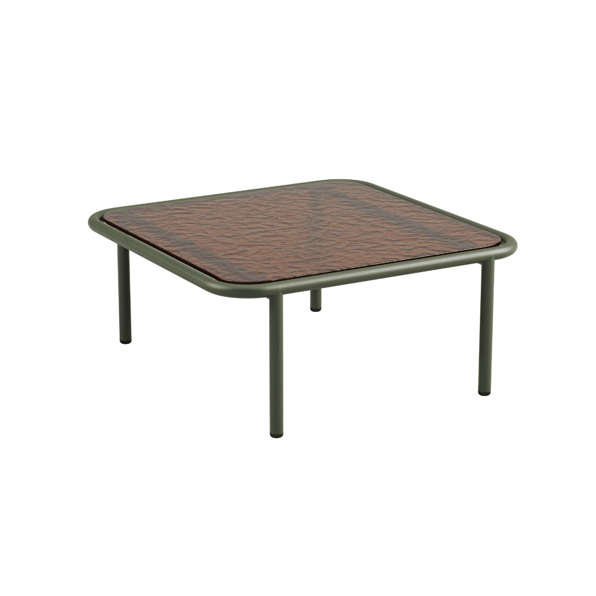 Kompakter quadratischer Outdoor - Couchtisch Mollis in Olive mit pulverbeschichtetem Aluminiumrahmen und getöntem Glas. | Mollis Coffee Table - Olive | SACKit