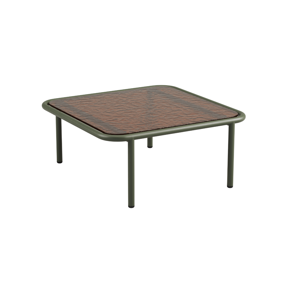 Kompakter quadratischer Outdoor - Couchtisch Mollis in Olive mit pulverbeschichtetem Aluminiumrahmen und getöntem Glas. | Mollis Coffee Table - Olive | SACKit