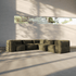 Olivgrünes modulares Ecksofa ohne Gestell mit weichen Polstern in einem hellen modernen Wohnraum mit großen Fenstern von sackit