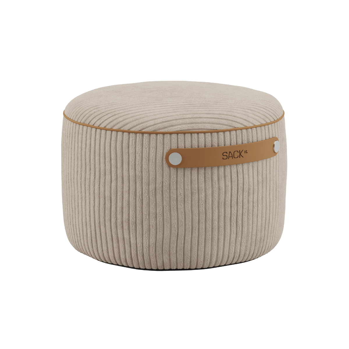 Runder SACKit Pouf Indoor in Corduroy Beige mit Kaltschaumfüllung und rutschfesten Punkten unten.