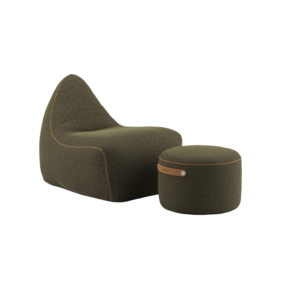 SACKit Chair & Pouf Indoor in Cosmo Olive mit weichem Stoff und modernem Design auf hellem Hintergrund