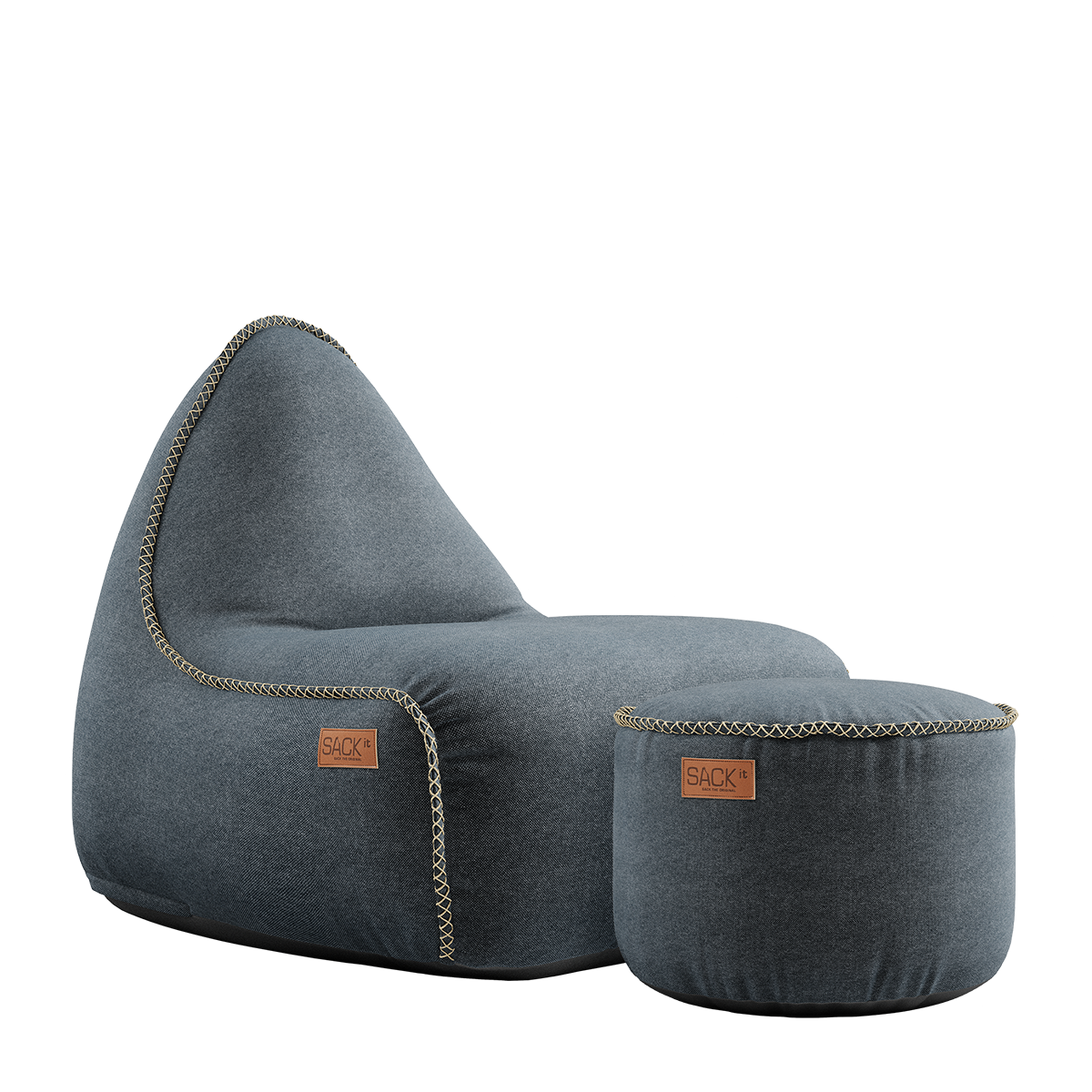 Canvas Lounge Chair und Pouf in petrolfarbenem Canvas mit handgenähten Stichen auf weißem Hintergrund | Canvas Lounge Chair & Pouf - Canvas Petrol | SACKit